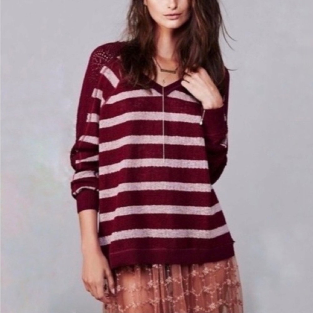 [We The Free ✵ People] Burgundy Striped Crochet V Lou Sweater | Oversized Medium